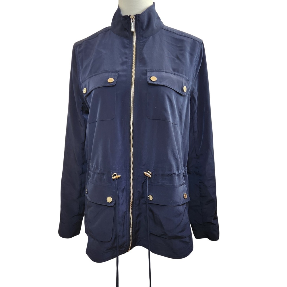 Calvin Klein Blue Utility Jacket Womens Sz Small S Gold Button Drawstring Waist